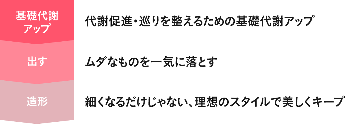 代謝促進・巡りを整えるための基礎代謝アップ・ムダなものを一気に落とす・細くなるだけじゃない、理想のスタイルで美しくキープ